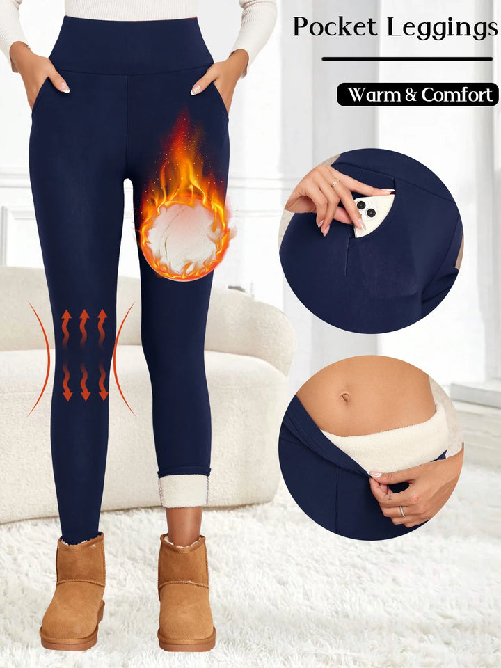 Women's Thick High Waist Fleece Leggings with Flared Design 625Navy