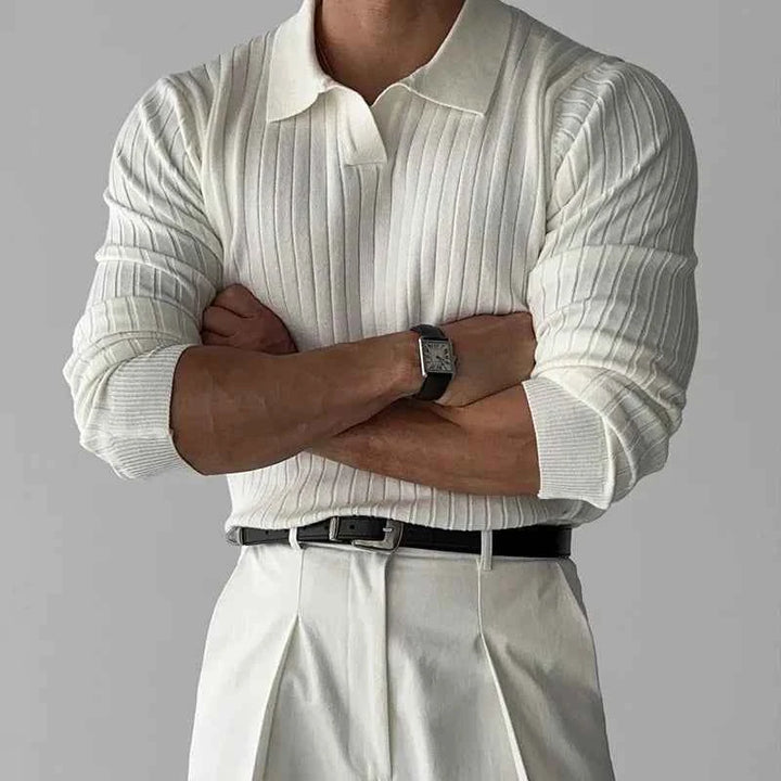 Men's Long Sleeve Striped Polo Shirt White