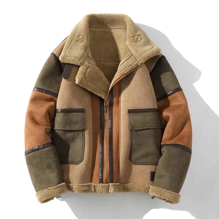 Men's Faux Suede Relaxed Fit Bomber Jacket with Shearling Trim and Color Block Design Khaki