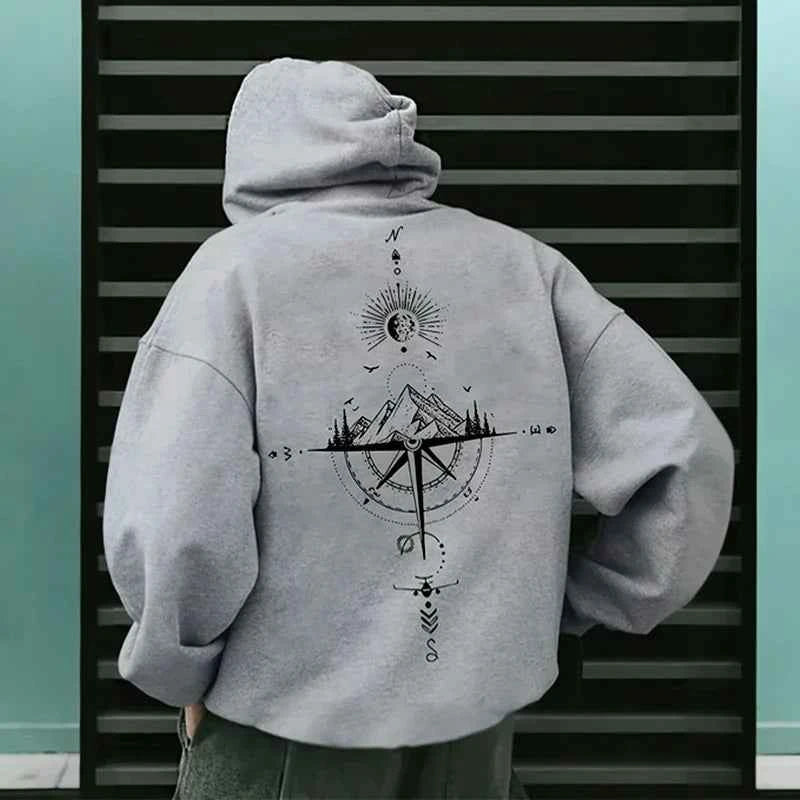 Men's Retro Compass Graphic Hoodie Grey