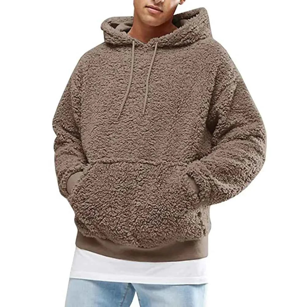 Men's Solid Plush Y2K Streetwear Hoodie Coffee