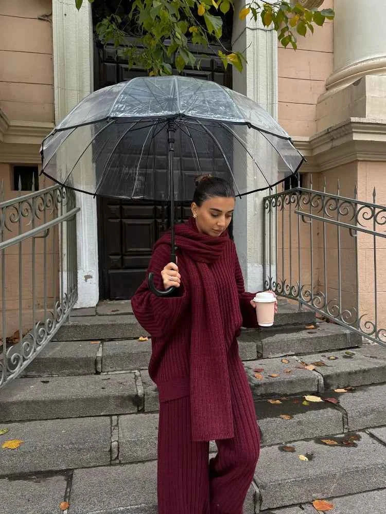 Women's Oversized Knit Set – Ribbed Sweater & Wide-Leg Pants with Scarf