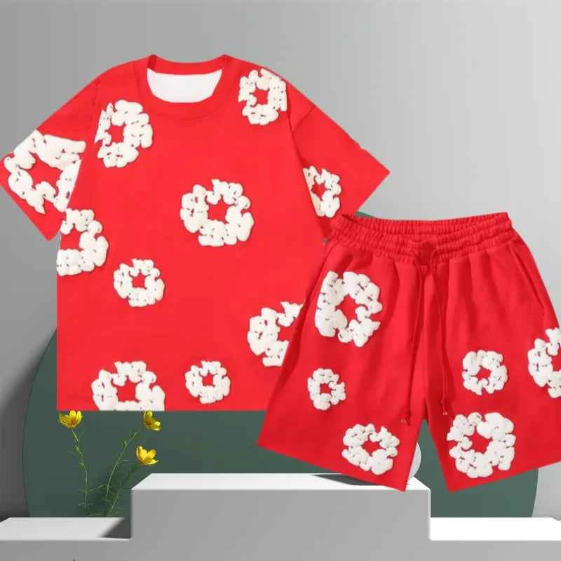 Liam | Men’s 3D Printed Flower Shorts Set – Cotton Streetwear Summer Outfit Red