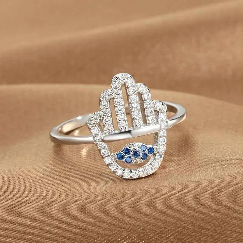 Adjustable Hamsa Protection Ring Silver