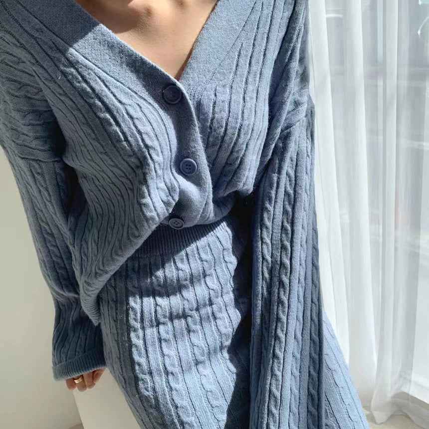 Women's Cable Knit Cardigan and Midi Skirt Set – V-Neck – Comfortable Fit