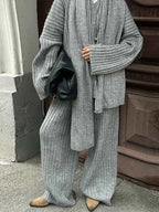 Women's Oversized Knit Set – Ribbed Sweater & Wide-Leg Pants with Scarf Grey