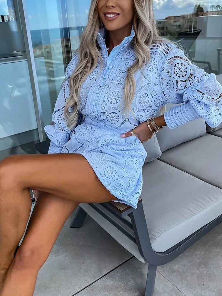 Women's Elegant Lace Blouse with Long Sleeves & High Waist Shorts Set