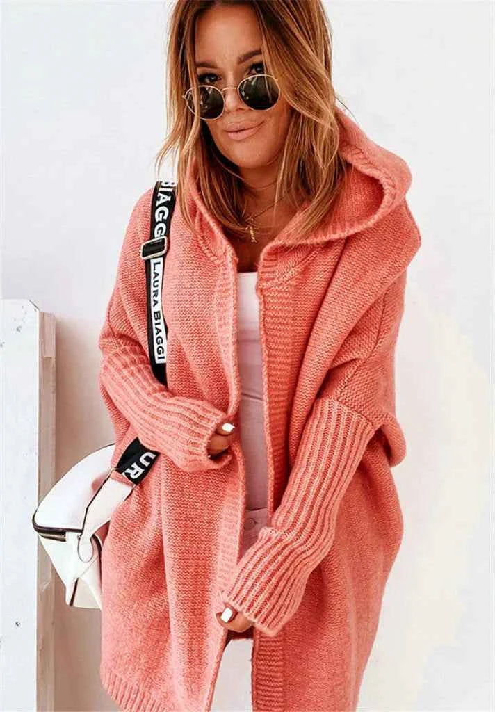 Women's Oversized Knitted Wool Blend Cardigan with Hood Orange