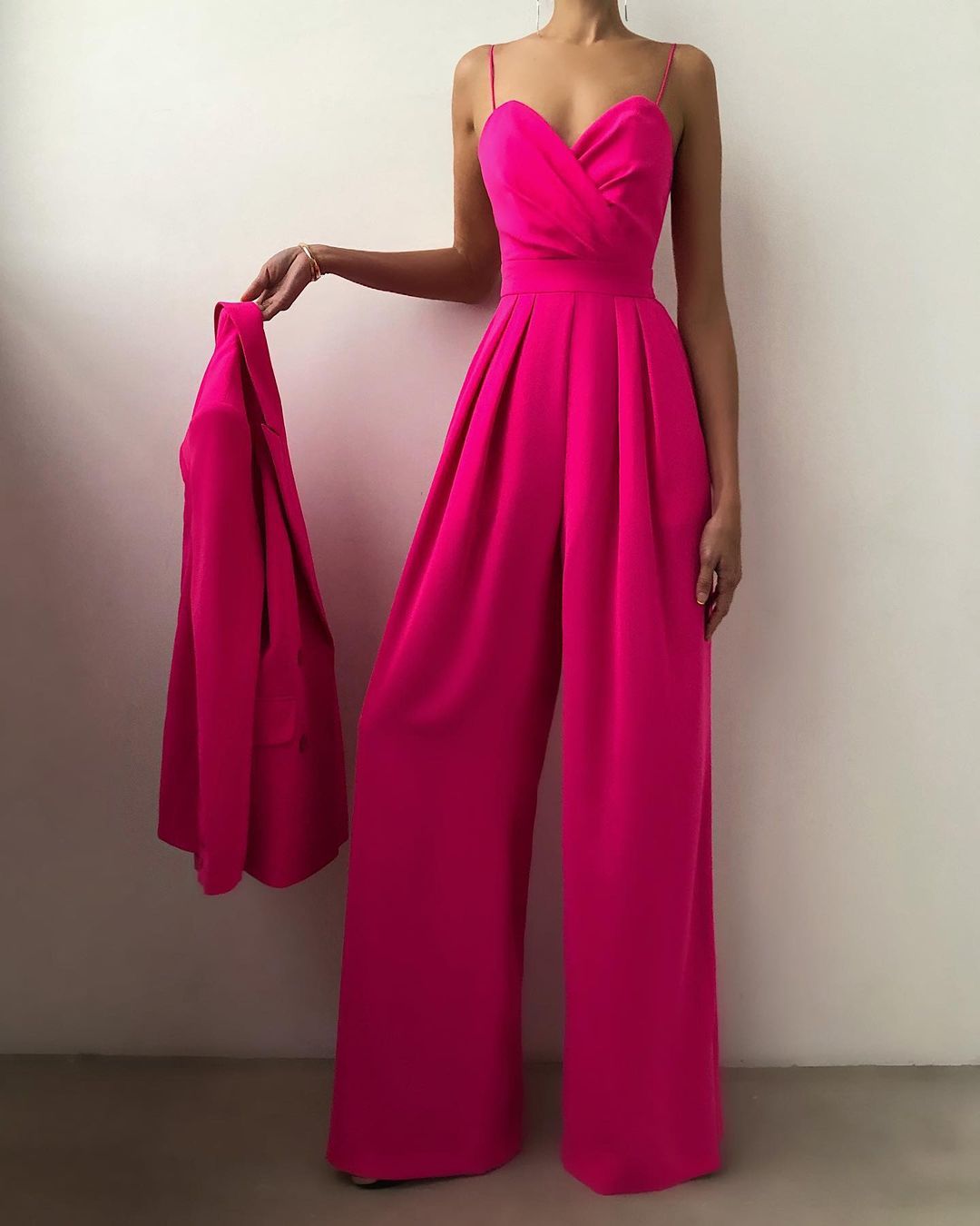 Women's Elegant V-Neck Wrap Jumpsuit with Spaghetti Straps and Wide Legs Rose Red