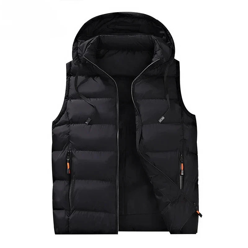 Men's Quilted Hooded Vest - Essential Warm Layer for Winter Black