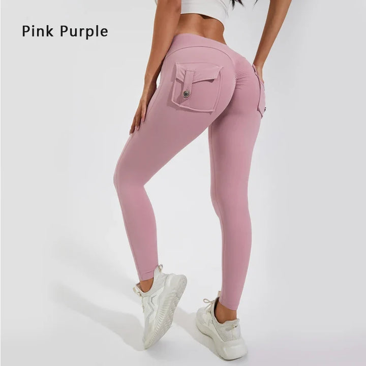 Women's Breathable Yoga Pants with Butt Pocket, Nylon Sports Leggings Pink Purple