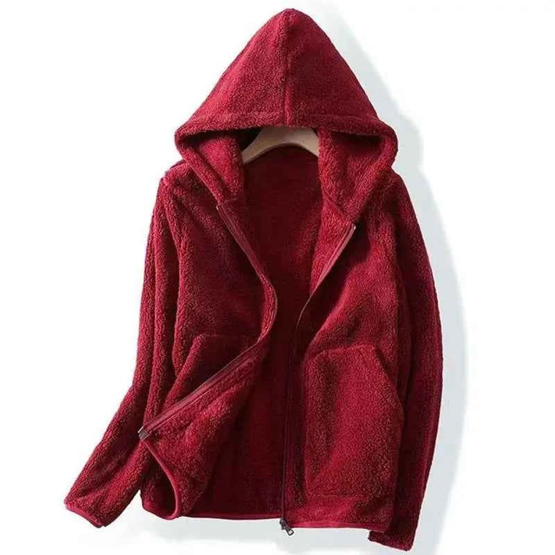 Women's Relaxed Fit Hooded Jacket with Zip Closure and Patch Pockets Red
