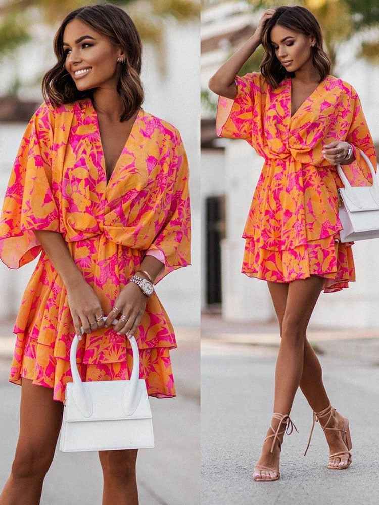 Women's V-Neck Mini Dress – Wrap Style with Ruffles – Lightweight and Elegant
