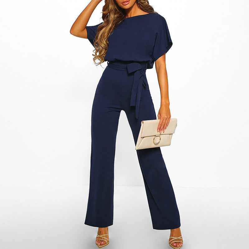 Women's Short-Sleeve Jumpsuit with Belted Waist Dark Blue
