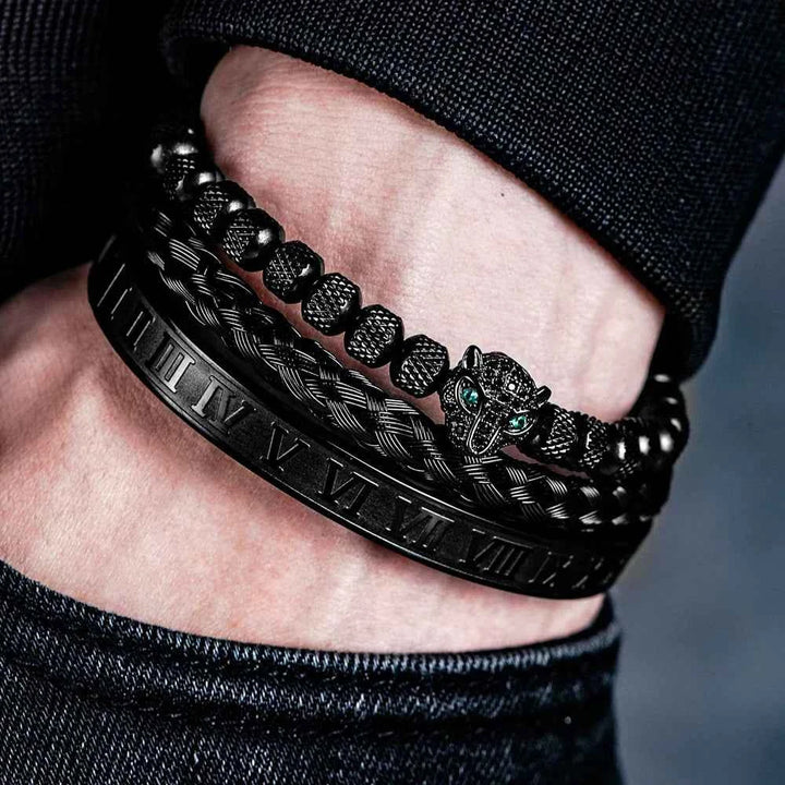 Three-Piece Panther Head Charm Braided Bracelet Set