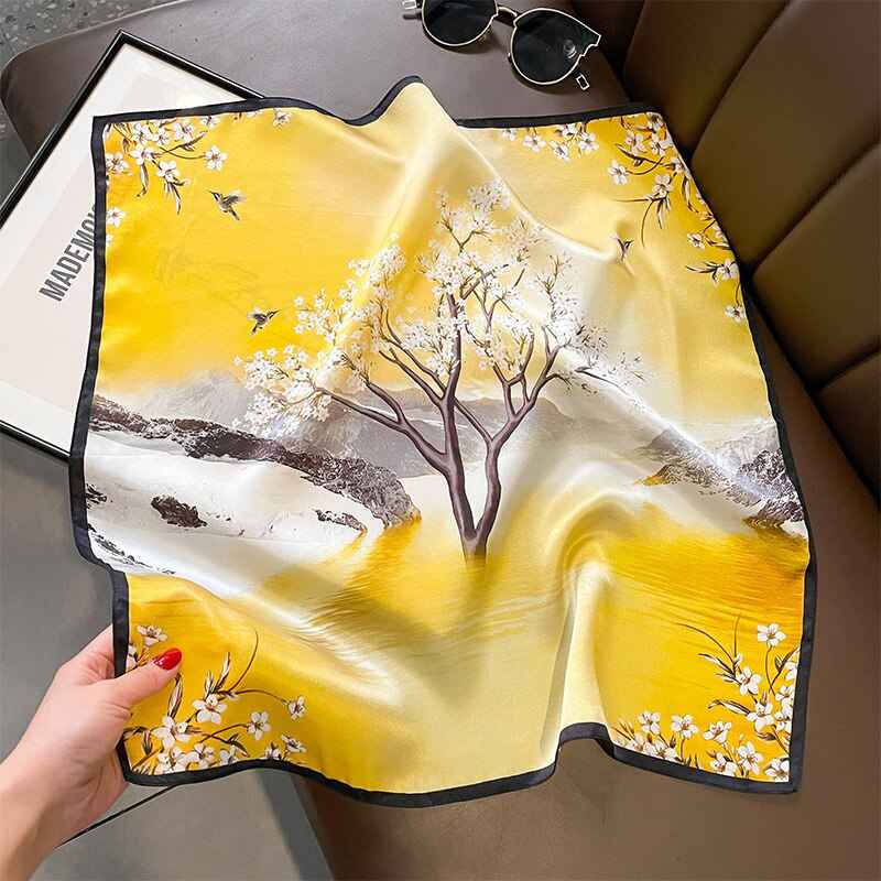 Women's Yellow Floral Print Silk Square Scarf