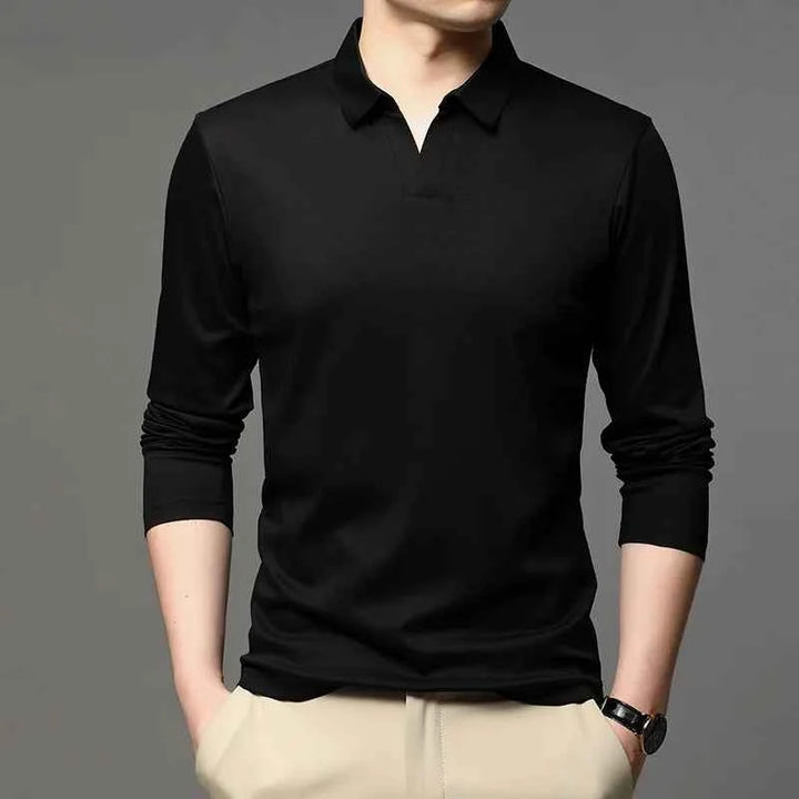 Men's Slim Fit Long Sleeve Polo Shirt with Classic Collar – Comfort Stretch Black