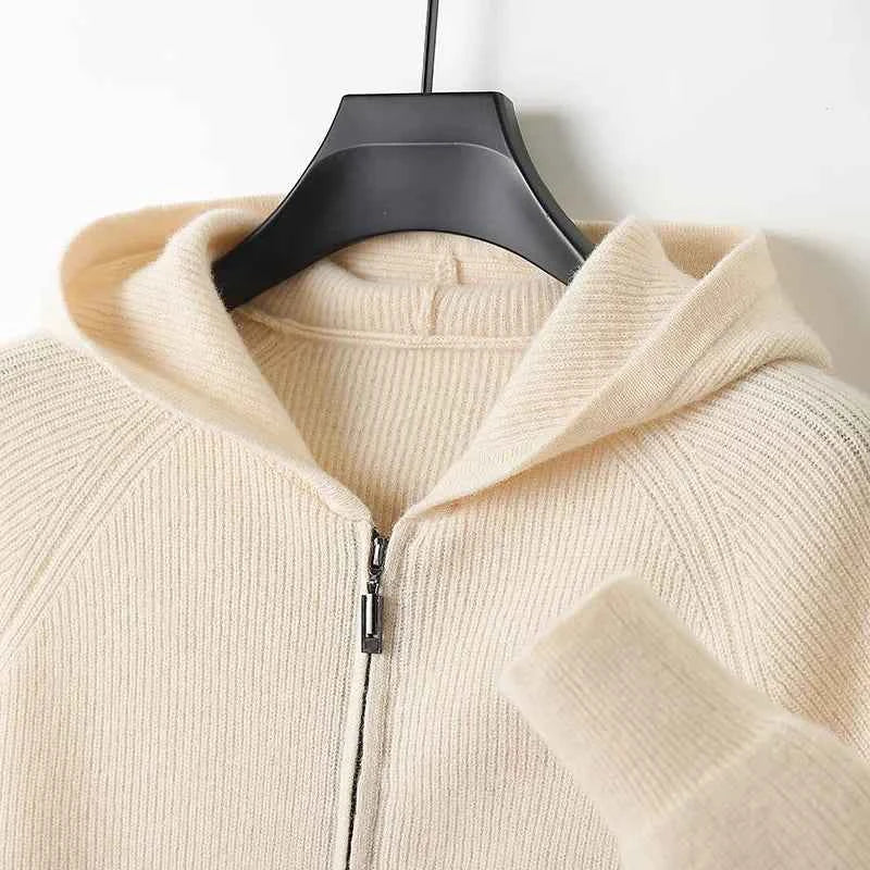 Men's Thick Knit Wool Zip Hoodie Cardigan - Autumn/Winter Jacket Beige