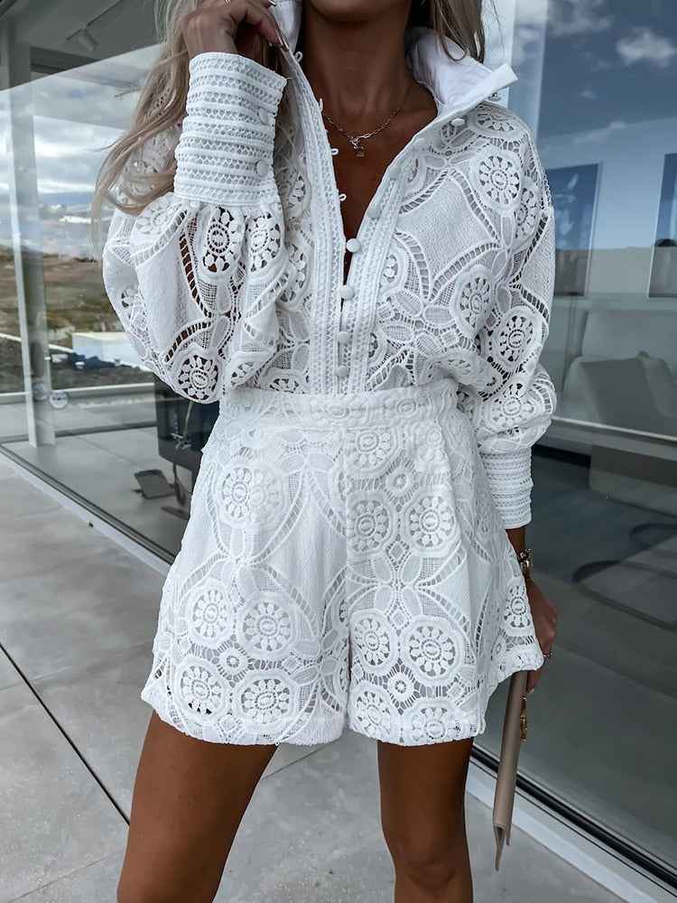 Women's Elegant Lace Blouse with Long Sleeves & High Waist Shorts Set White