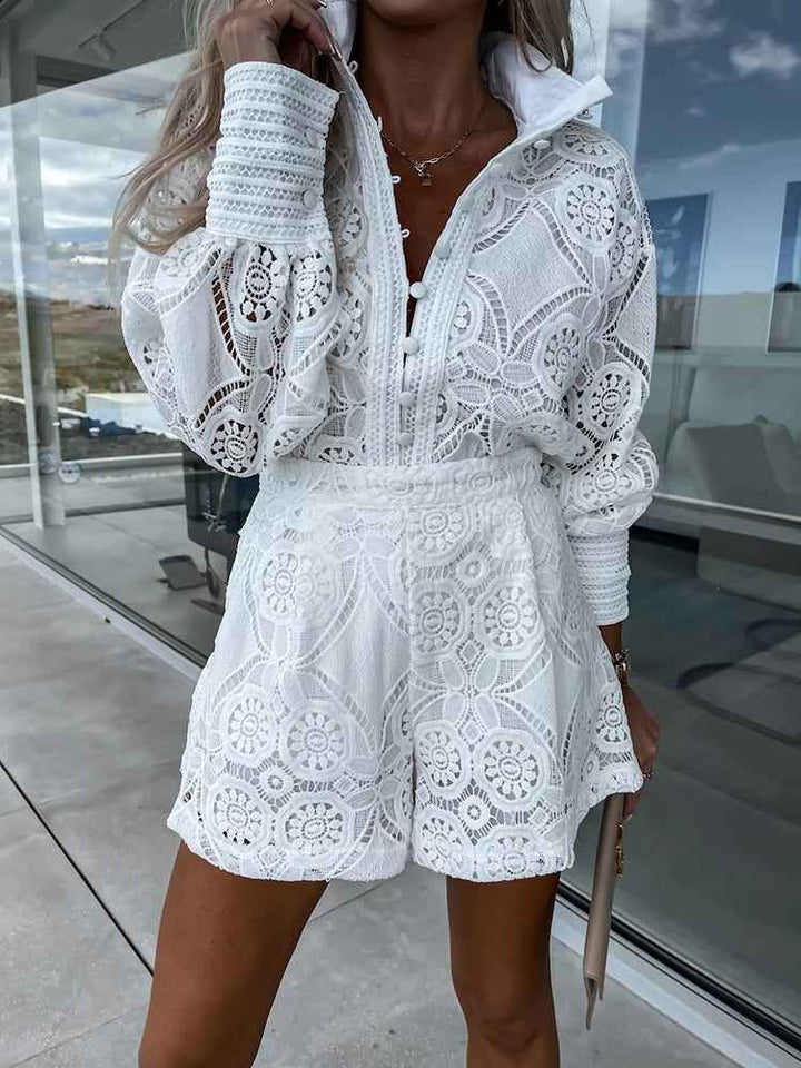 Women's Elegant Lace Blouse with Long Sleeves & High Waist Shorts Set White