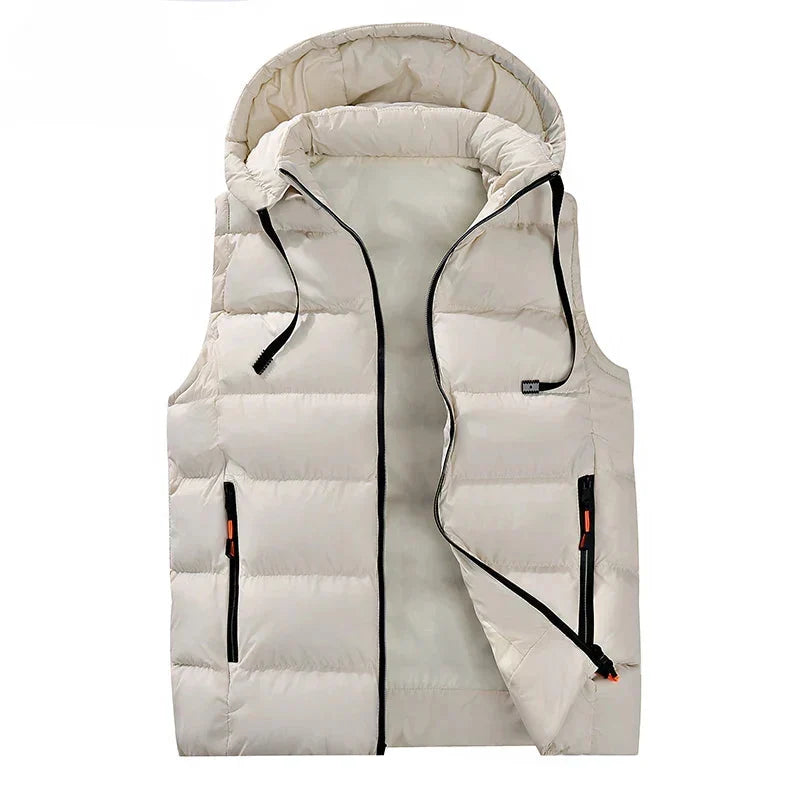 Men's Quilted Hooded Vest - Essential Warm Layer for Winter White
