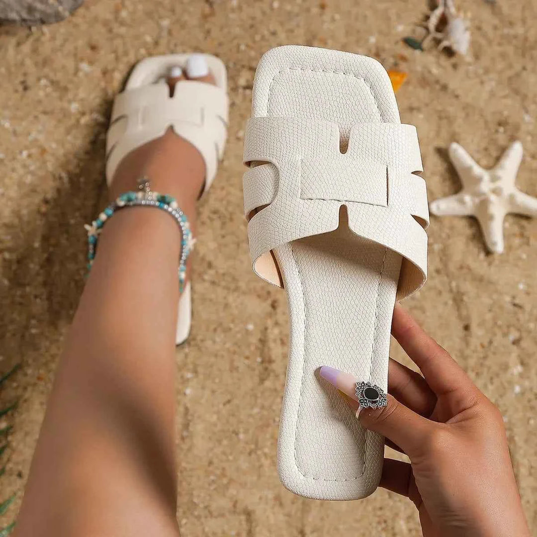 Women's Designer Open Toe Flat Slides – Summer Casual Sandals Beige