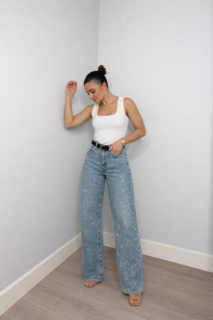 Sanay | Women's High-Waist Jeans with Glitter Accents Blue