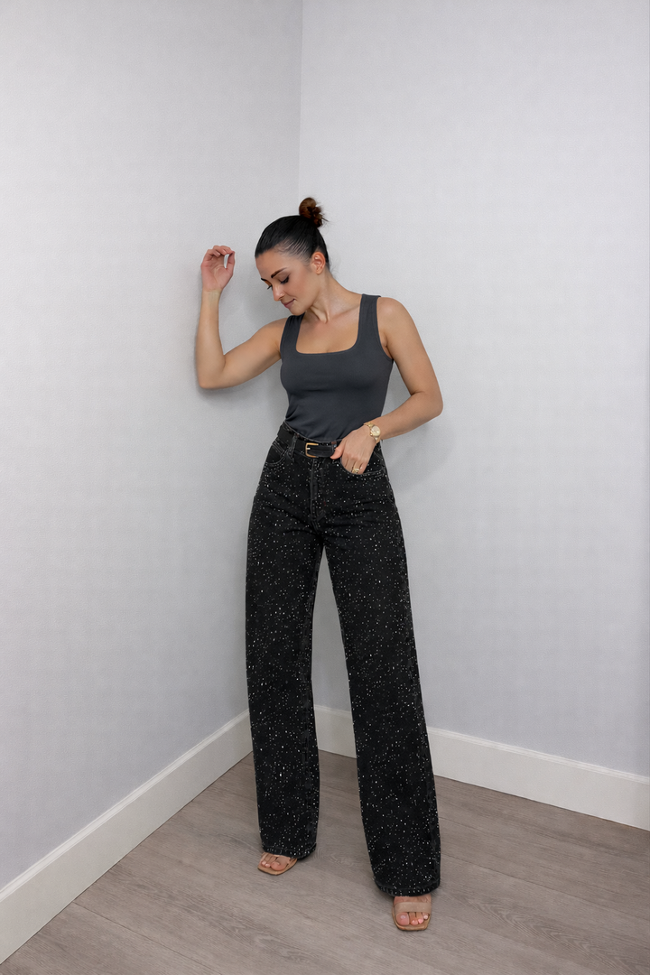 Sanay | Women's High-Waist Jeans with Glitter Accents Black