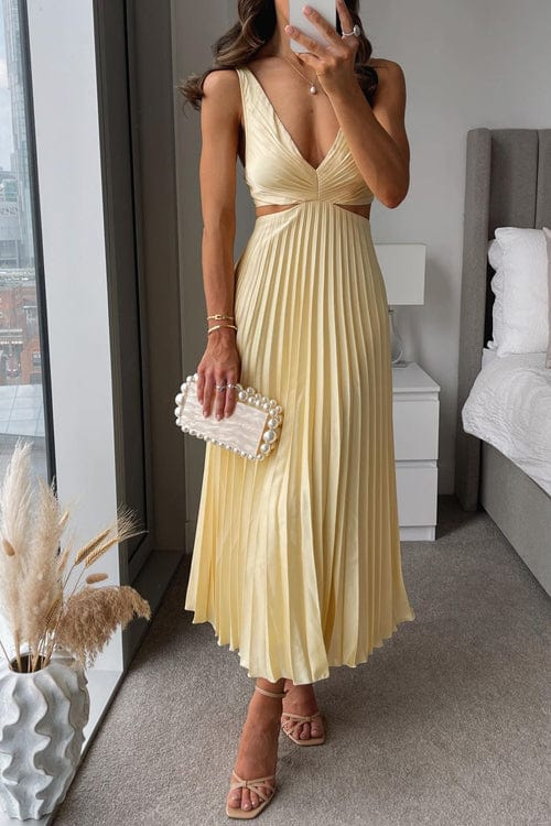 Sanne | Elegant Pleated Midi Dress Yellow