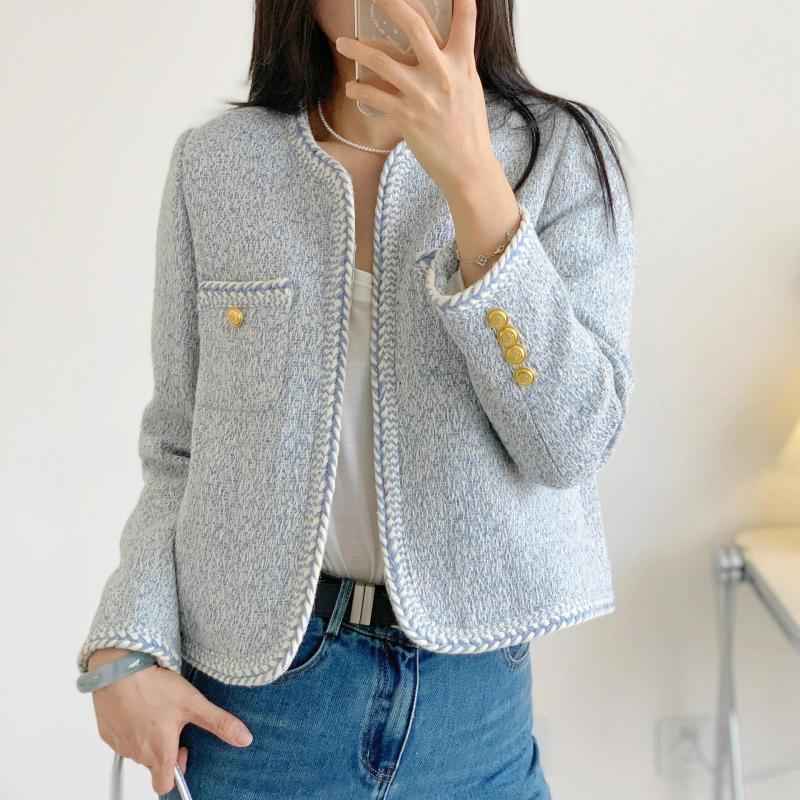 Women's Tweed Blazer - Collarless Design - Elegant Button Finish Blue