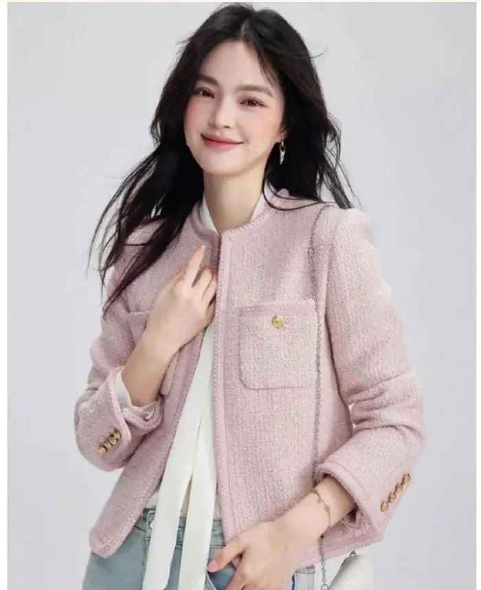 Women's Tweed Blazer - Collarless Design - Elegant Button Finish Pink