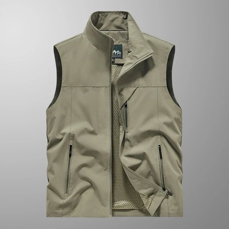 Men's Polyester Sleeveless Stand Collar Waterproof Vest Khaki