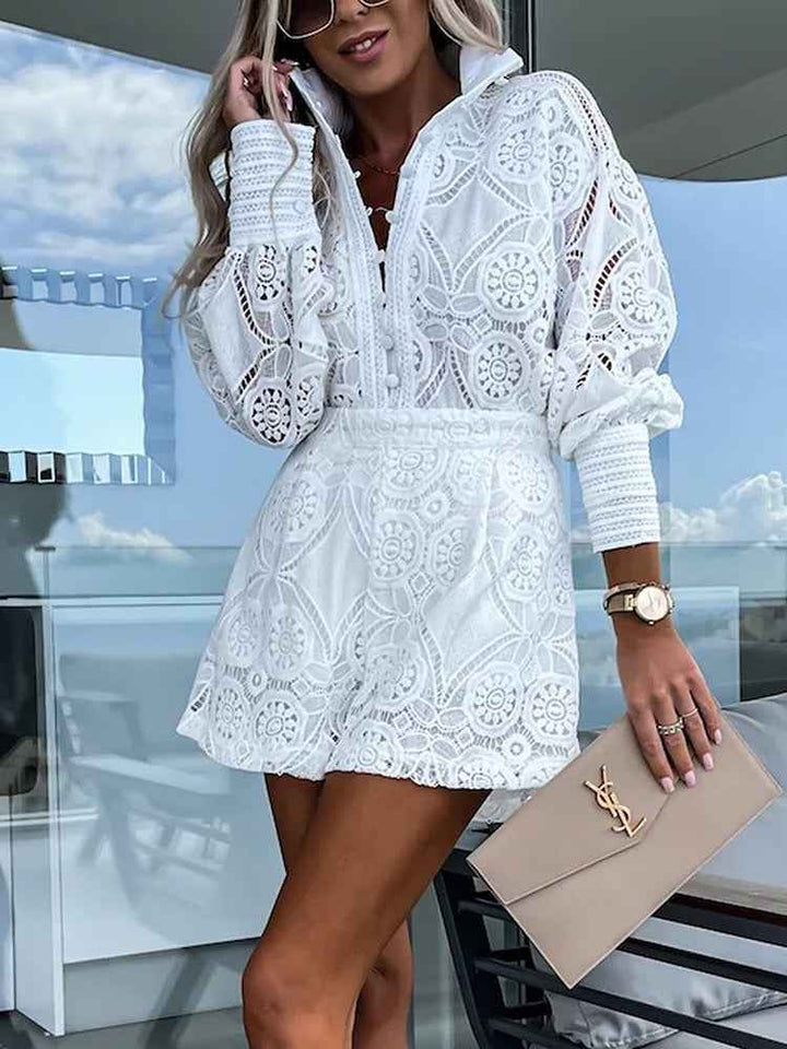 Women's Elegant Lace Blouse with Long Sleeves & High Waist Shorts Set
