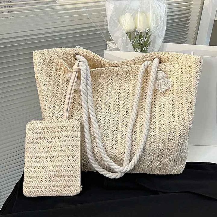 Women's Casual Beach Tote Bag with Rope Handles Beige