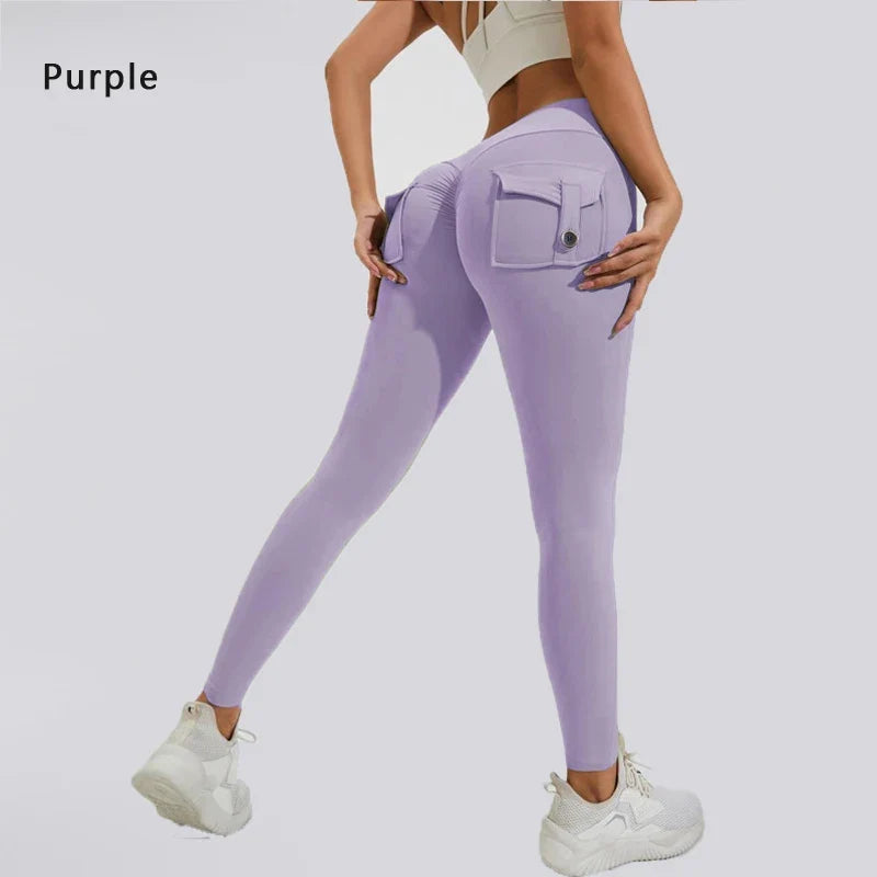 Women's Breathable Yoga Pants with Butt Pocket, Nylon Sports Leggings Purple