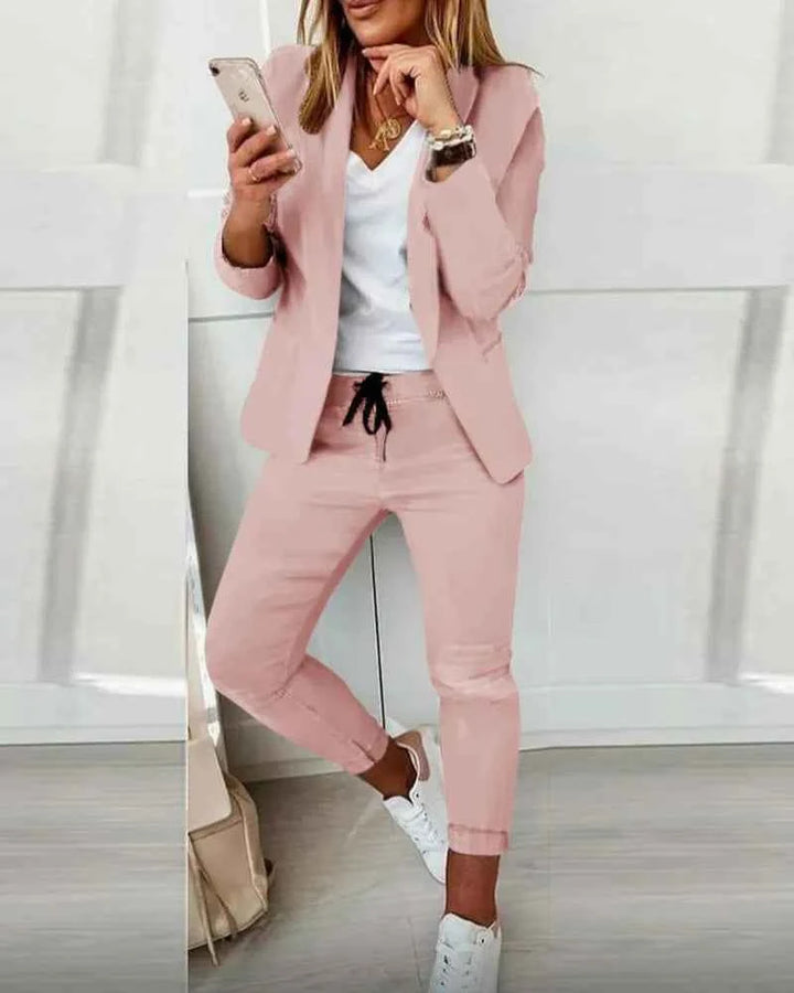 Chic Women's Business Blazer and Trousers Set Pink