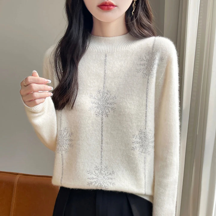 Women's Christmas Style Mock Neck Long Sleeve Warm Pullover Jumper WHITE