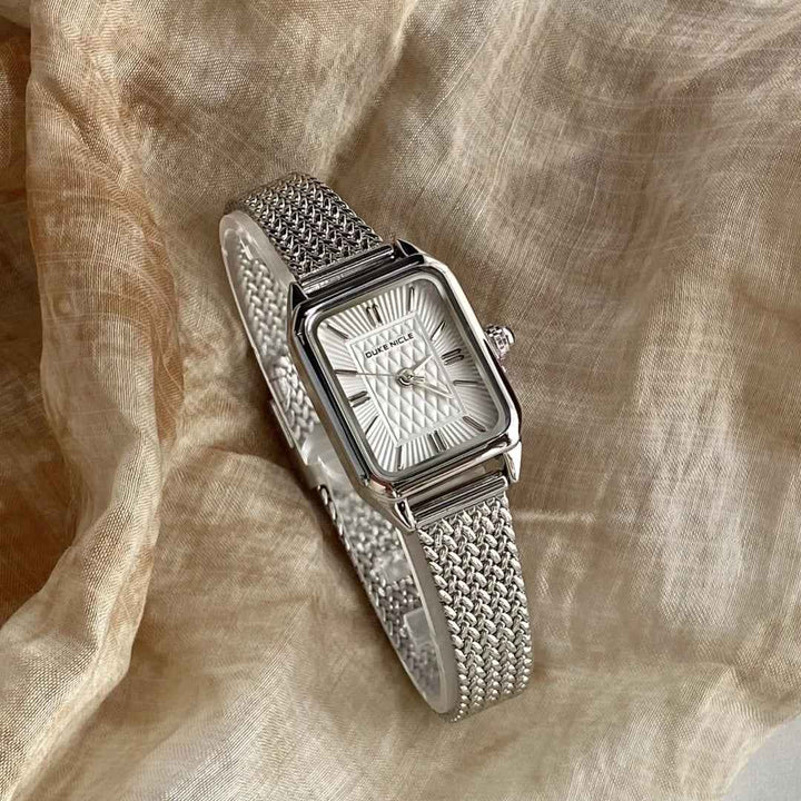 Geometric Rectangular Wristwatch with Mesh Band and Textured Dial Silver