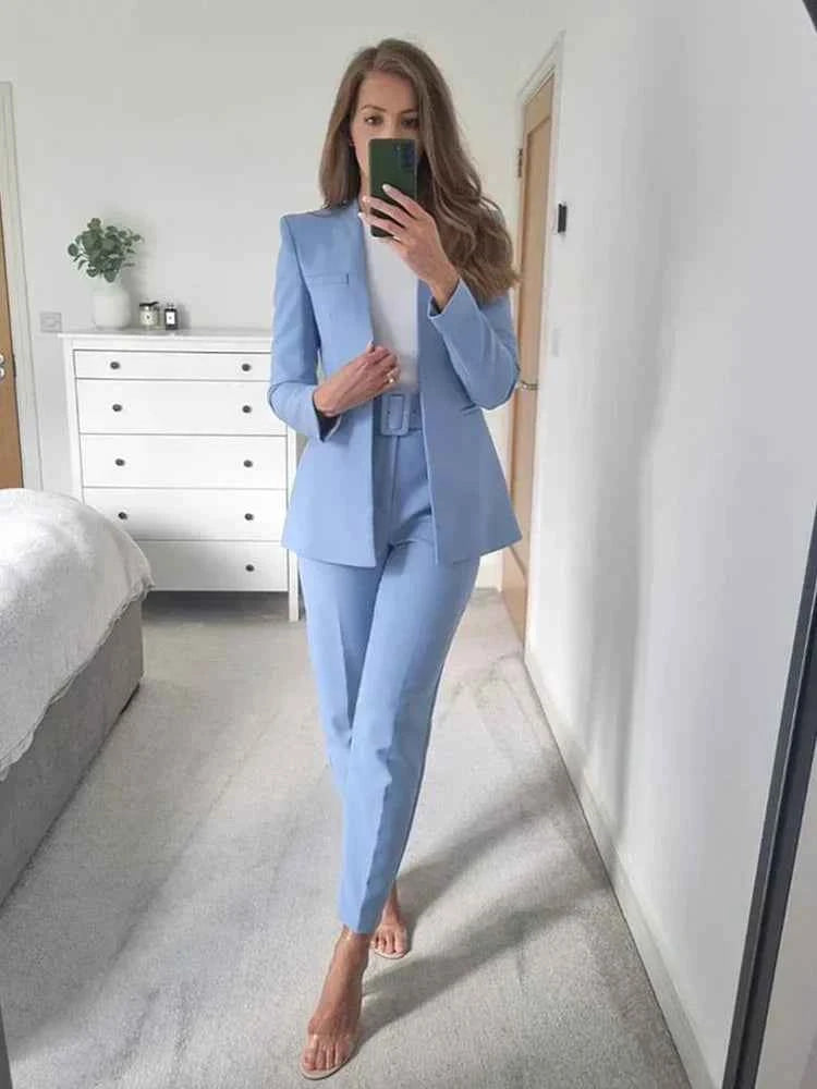 Women's Tailored Blazer and High Waist Trouser Suit Set