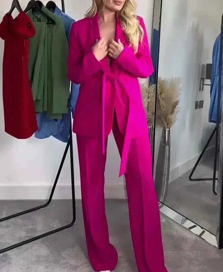 Women's Tailored Blazer Pantsuit - Shawl Collar, High Waist, Straight Legs