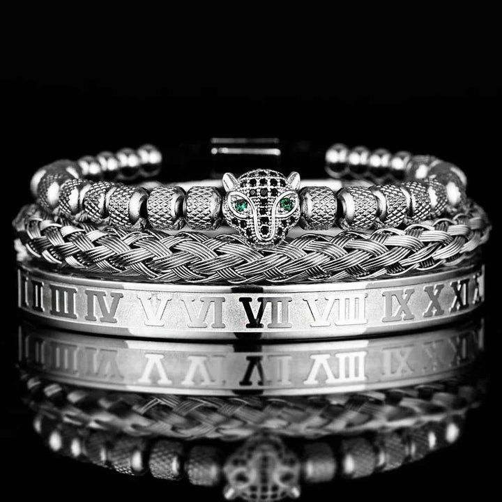Three-Piece Panther Head Charm Braided Bracelet Set Silver Black