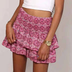 Women's Paisley Print Mini Skirt with Smocked Waist and Layered Ruffles – Casual Comfort Pink