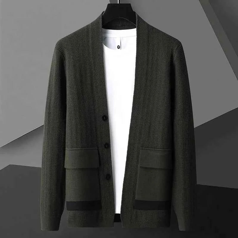 Men's Relaxed Fit Cardigan with Button Front and Flap Pockets Dark Green