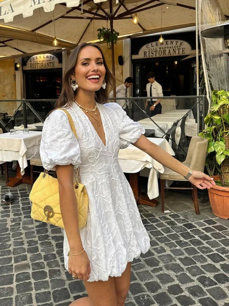 Fay | Women's White Dress with Ruffled Embroidery