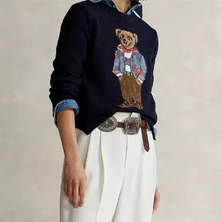 Women's Embroidered Loose Knitted Cotton Christmas Sweater with Cartoon Bear