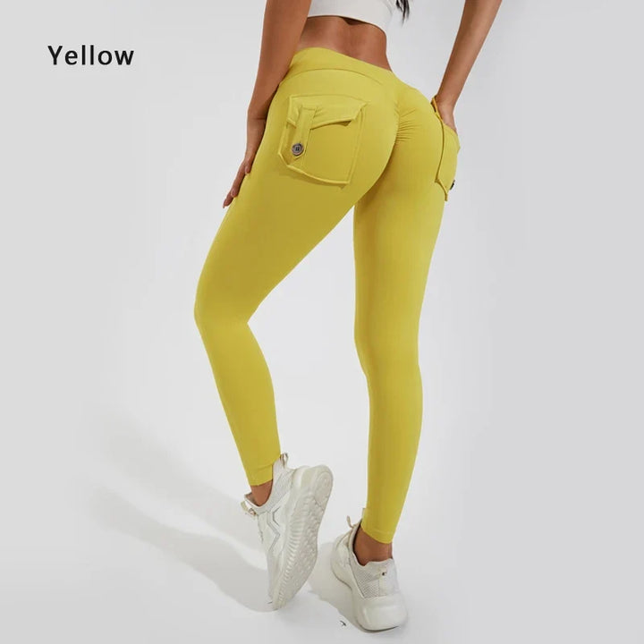 Women's Breathable Yoga Pants with Butt Pocket, Nylon Sports Leggings Yellow