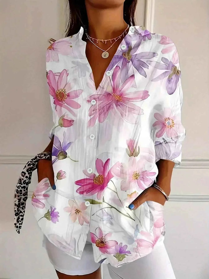 Women's Floral Loose Fit Button-Up Shirt White