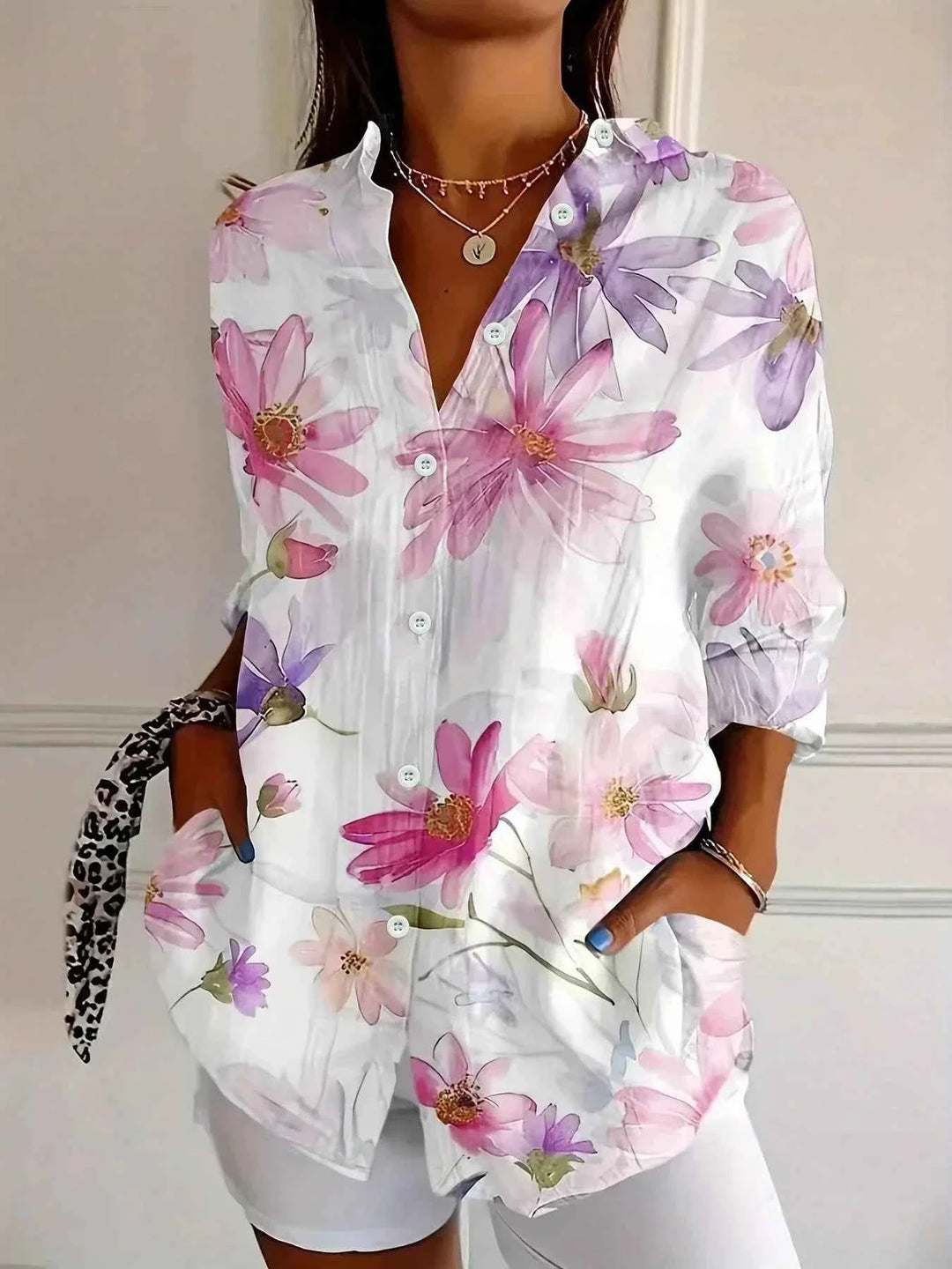 Women's Floral Button-Up Summer Blouse White