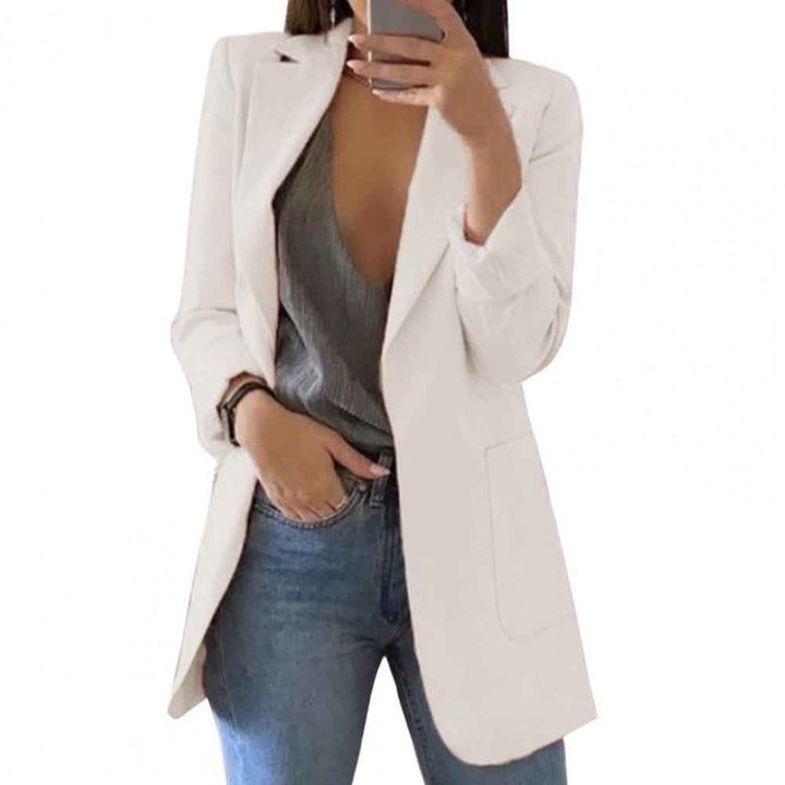 Women's Tailored Blazer – Hip Length – Open Front – Large Pockets White