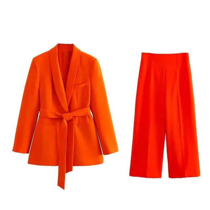 Women's Tailored Blazer Pantsuit - Shawl Collar, High Waist, Straight Legs Orange Suit